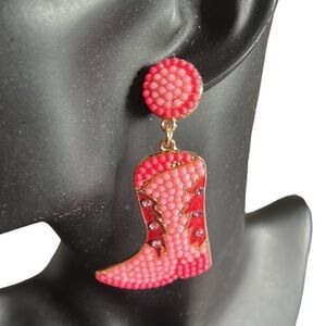 BARBIE Pink Cowboy Boots Dangle Pierced Earrings with Rice Beads & Rhinestones